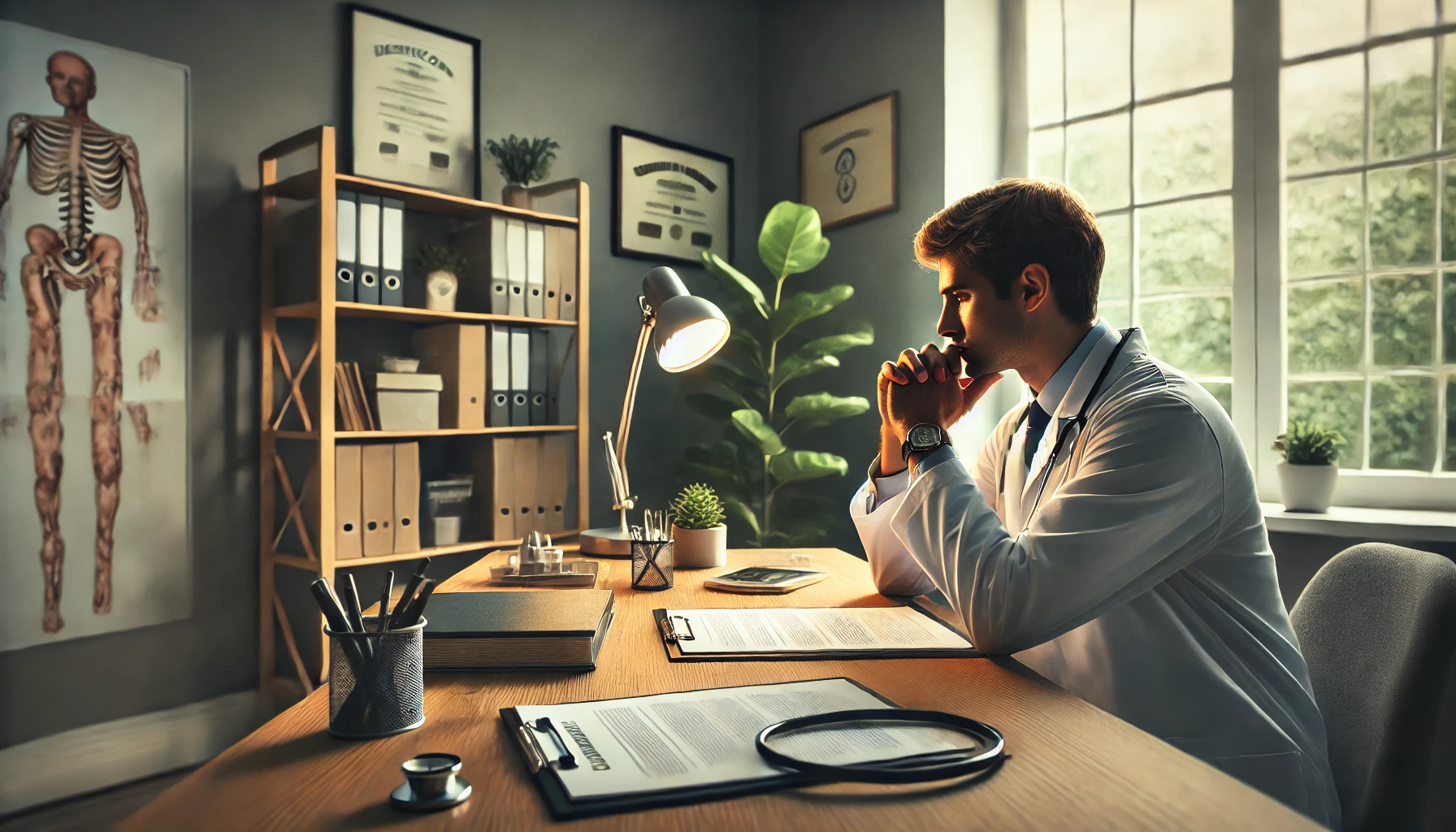 A wide-angle image depicting a physician in a contemplative pose, sitting at a desk in a calm, softly lit office. The physician is holding a clipboard