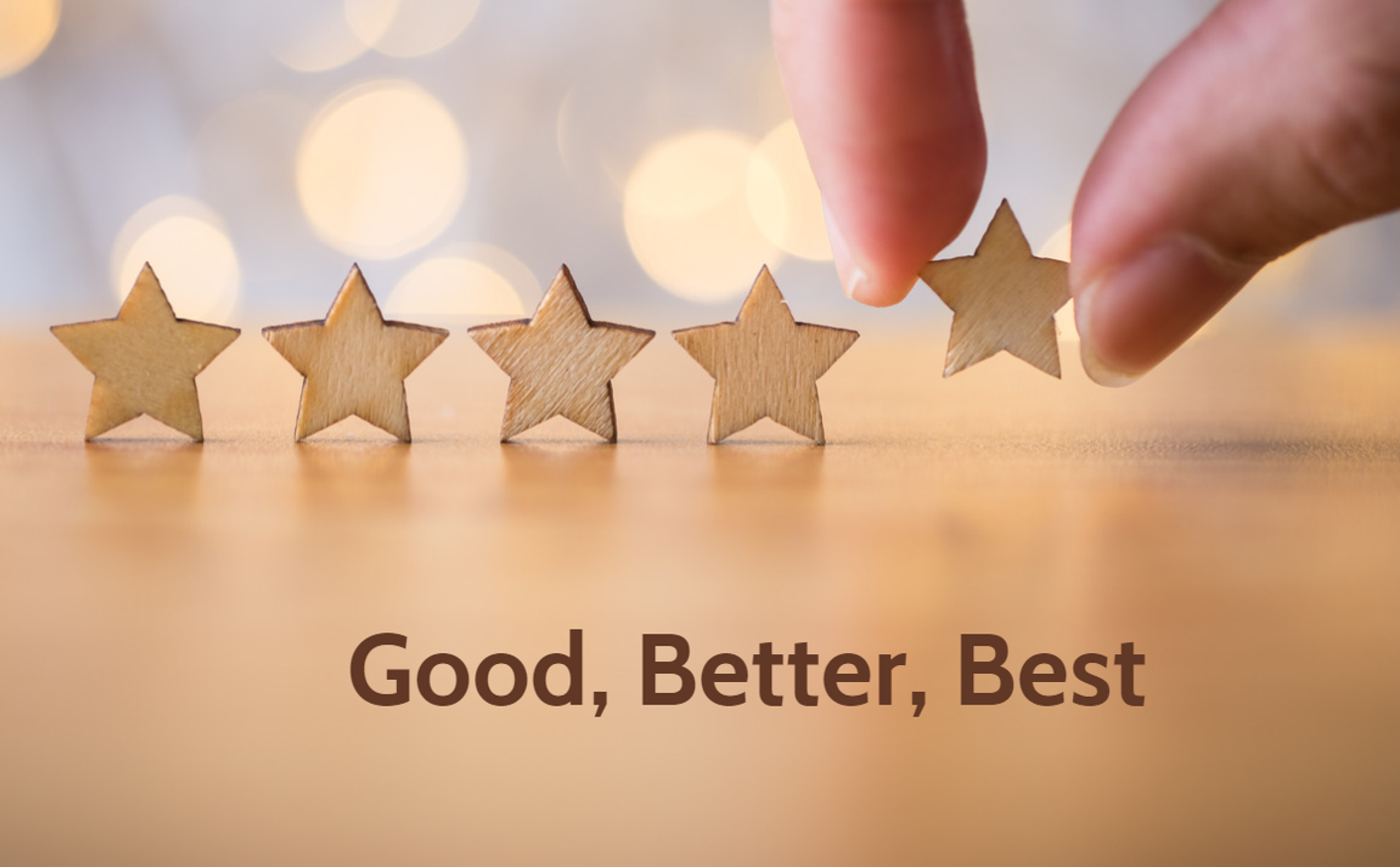 A thumb and forefinger hold a star at the right-hand end of a row of four stars, to total five. Underneath the row of stars are the words: Good, Better, Best, to signify the best of disability insurance for 2023.